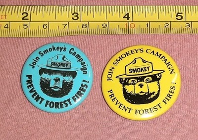 LOT of 2 Smokey The Bear Join Smokey's Campaign Button Pin Pinback Blue Yellow