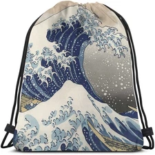 Great Wave Off Kanagawa Drawstring Backpack Bag, Ocean Sport Gym Sack String Bag