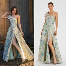 NWT Mac Duggal Multicolor One Shoulder Brocade Floral Dress With Bow - Size 8