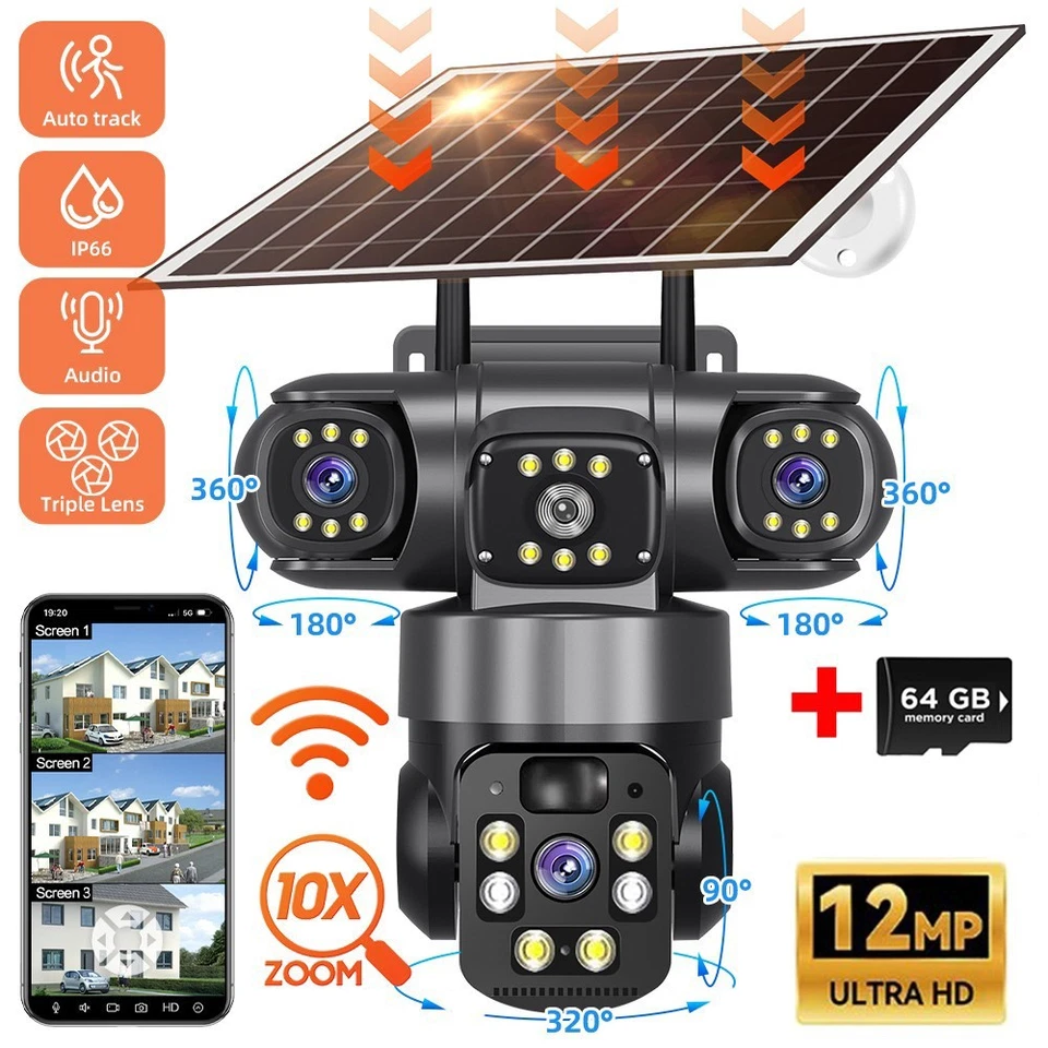 Solar Battery Powered Wireless WiFi Outdoor Pan/Tilt Home Security Camera System