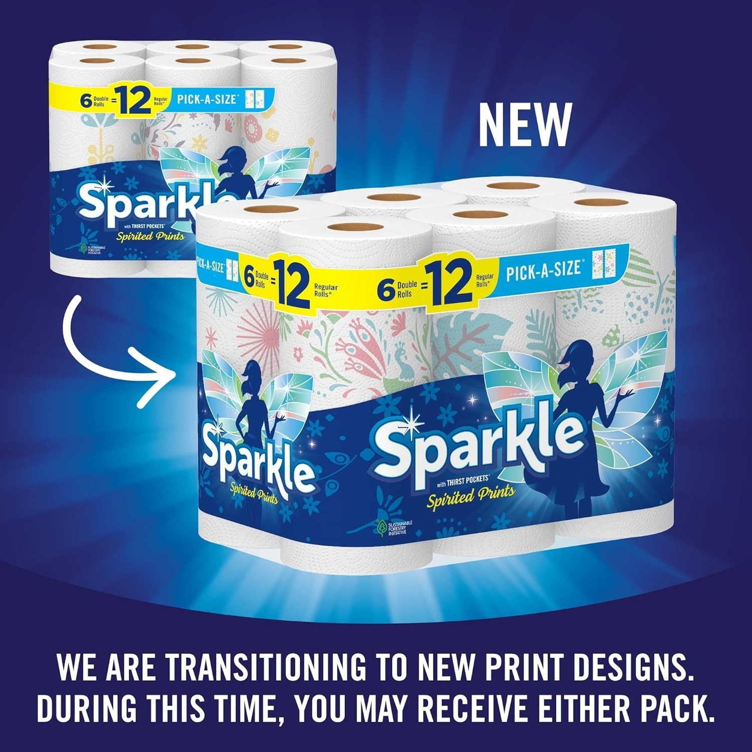 Sparkle Pick-A-Size Paper Towels Spirited Prints 6 Double Rolls = 12 Regular