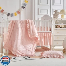 AIKASY The Ruffled Shabby Crib Bedding Set for Girls, Baby Quilted Comforter 