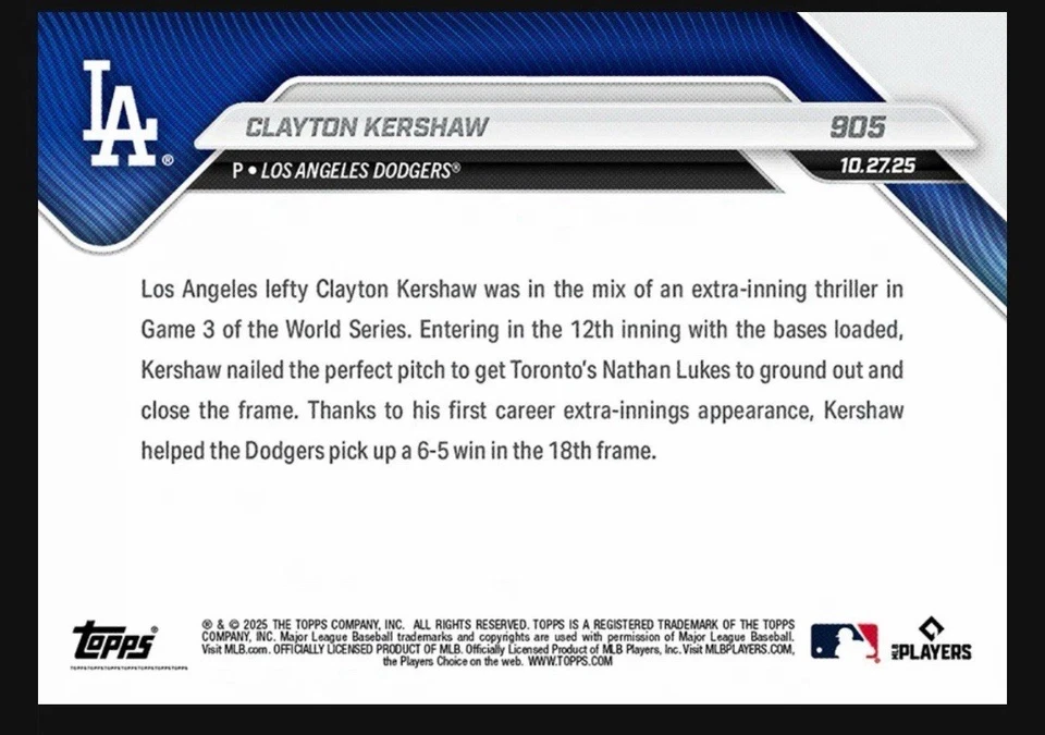 Карта Клейтона Кершоу из World Series Extra Innings 2025 MLB Topps NOW 905 предпродажа - Изображение 2 из 2
