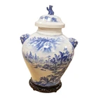 Large Chinese Blue & White Porcelain Vase And Cover Foo Dog Handles 46cm