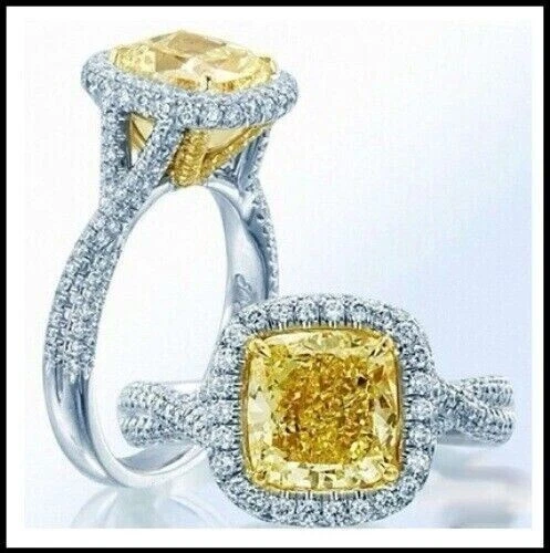 Anillo de compromiso de diamantes talla cojín amarillo de 3 quilates creado en laboratorio acabado de oro blanco de 14 quilates Foto 2 de 4