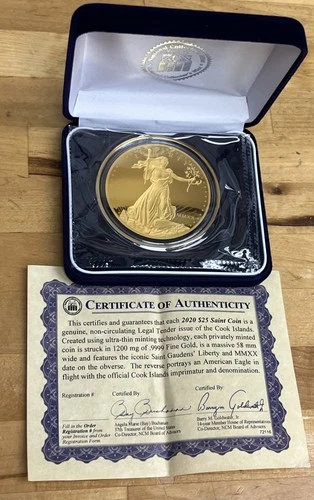 2022 Cook Islands St. Gaudens 25 Dollar Gold Eagle 1200 Mg Gold Coin  w/ COA