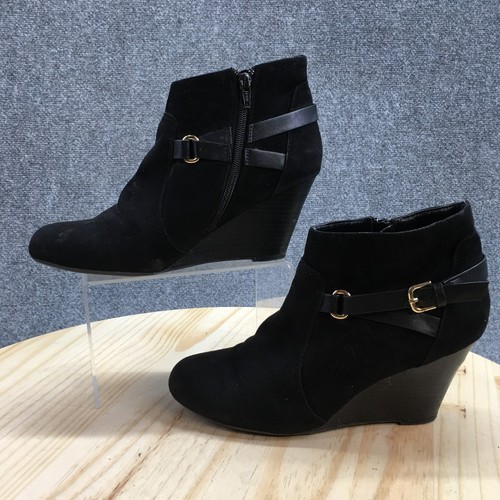 Report Boots Womens 10 Galiana Ankle Bootie Black Suede Wedge Buckle Side Zipper - Picture 2 of 19