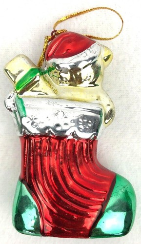 Lot 2: VTG Shiny Brite Christmas Ornament Stocking Teddy Bear Red/Green/Gold NOS - Picture 3 of 6