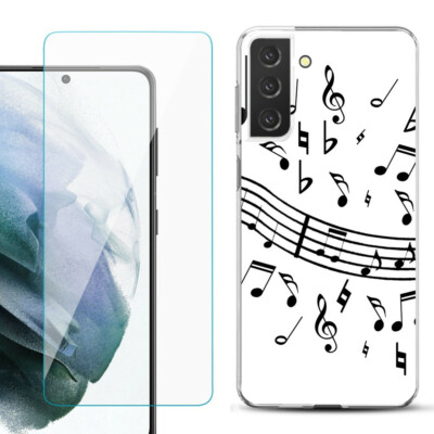Case for Samsung Galaxy S21 FE 5G, w/ Tempered Glass - Music Notes / White
