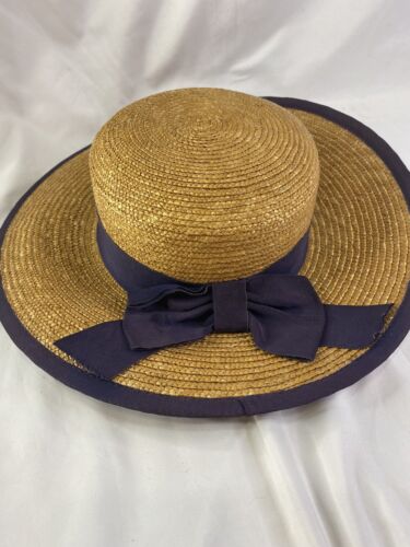 Laura Ashley Boater Straw Hat With Navy Trim And Grosgrain Ribbon Bow 80s Rare