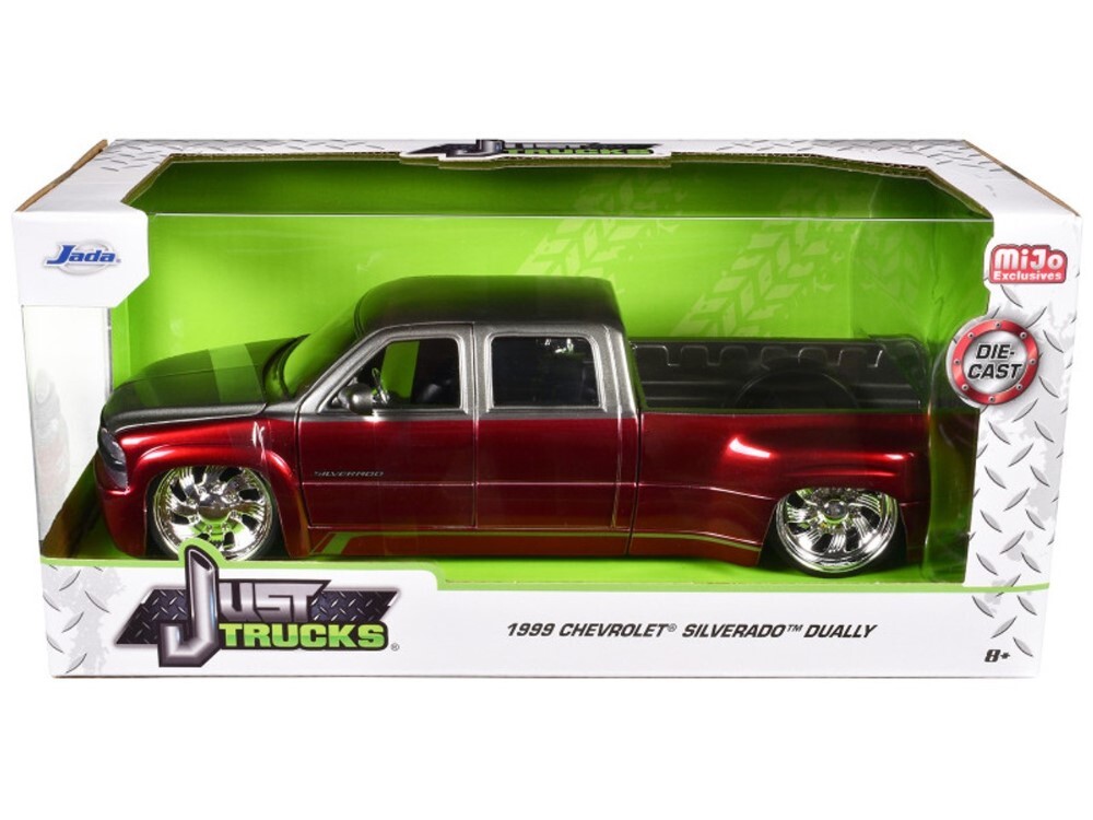 1999 Chevy Silverado Dually Red with Custom KMC Wheels 1:24 Scale by Jada