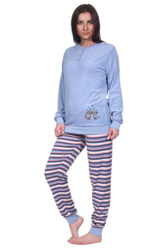 Damen Frottee Pyjama Knopfleiste, Langarm, Uni Oberteil, Hose in Ringel, 69217 - Bild 1 von 5