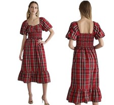 J. Crew NWT XS Midi Dress Good Tidings Plaid Smocked Puff Sleeve Cotton Poplin