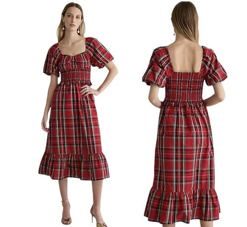 J Crew BN123 NWT Size XX-SMALL Tartan Plaid Smocked-Waist Puff Sleeve Midi Dress - Bild 5 von 7
