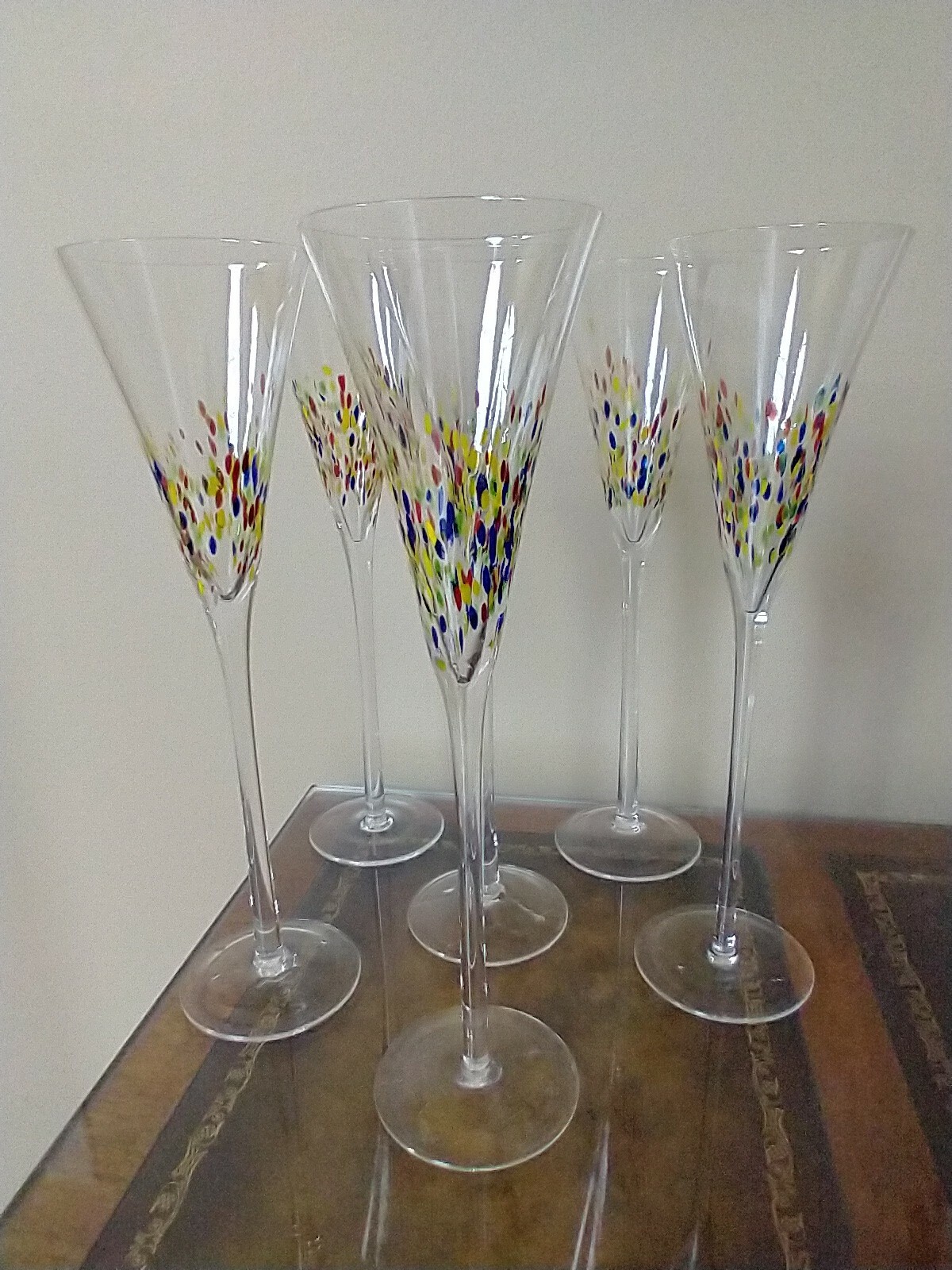 Confetti Champagne Flute Glasses, Set of 6, 11", Art Glass, Murano
