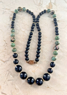 Vintage Chinese Onyx Jade? Cloisonne Beaded Gold over Sterling clasp Necklace