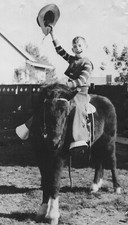 CREASED Boy on Pony Cowboy Hat Raised Arm Backyard Rodeo Western Theme