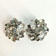 Vintage Prong Set Gray & Clear Faceted Glass Button Clip On Earrings Silver Tone