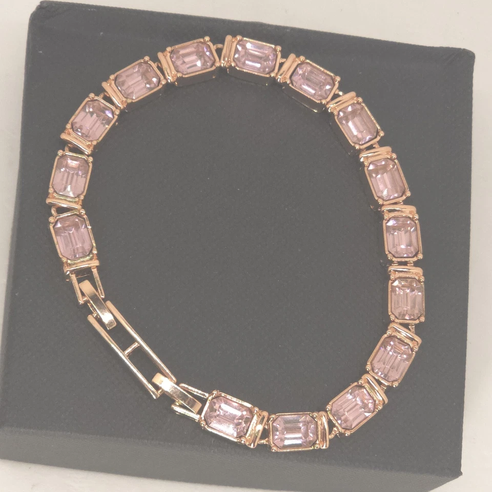 Mujer Tenis Rosa Estrás Pulsera Tono Oro Rosa Corte Octágono Circonita 8" Foto 4 de 4
