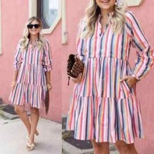 J Crew Tiered Popover Dress Small S Rainbow Striped Cotton Poplin Long Sleeve