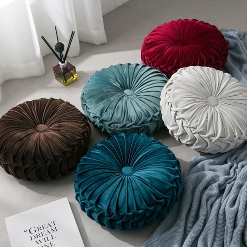 Round Velvet Pleated Cushion Sofa Couch Throw Pillow Pumpkin Pad Home Decoration