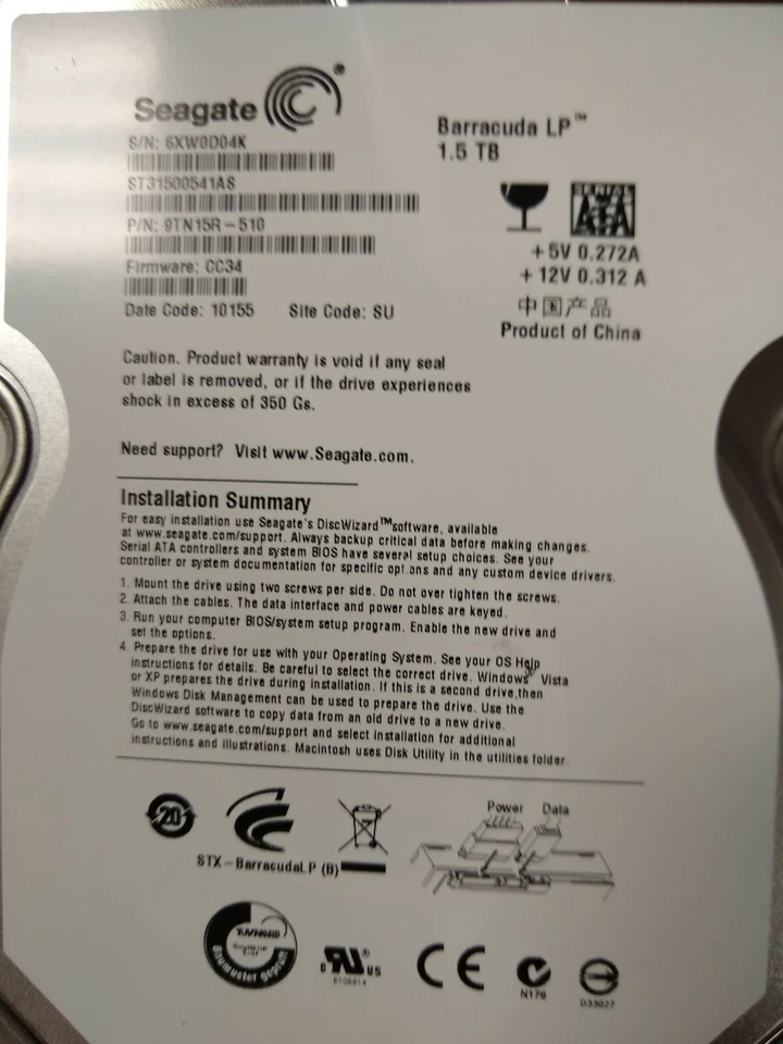 Seagate 9TN15R-510 - 1.5TB 5.9K SATA 3.0Gbps 3.5" 32MB Cache Hard Drive - TESTED - Image 3 of 4
