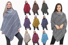 Ladies Cable Knitted 3 Button Poncho Cape Shawl Wrap Jumper Warm Cardigan Top
