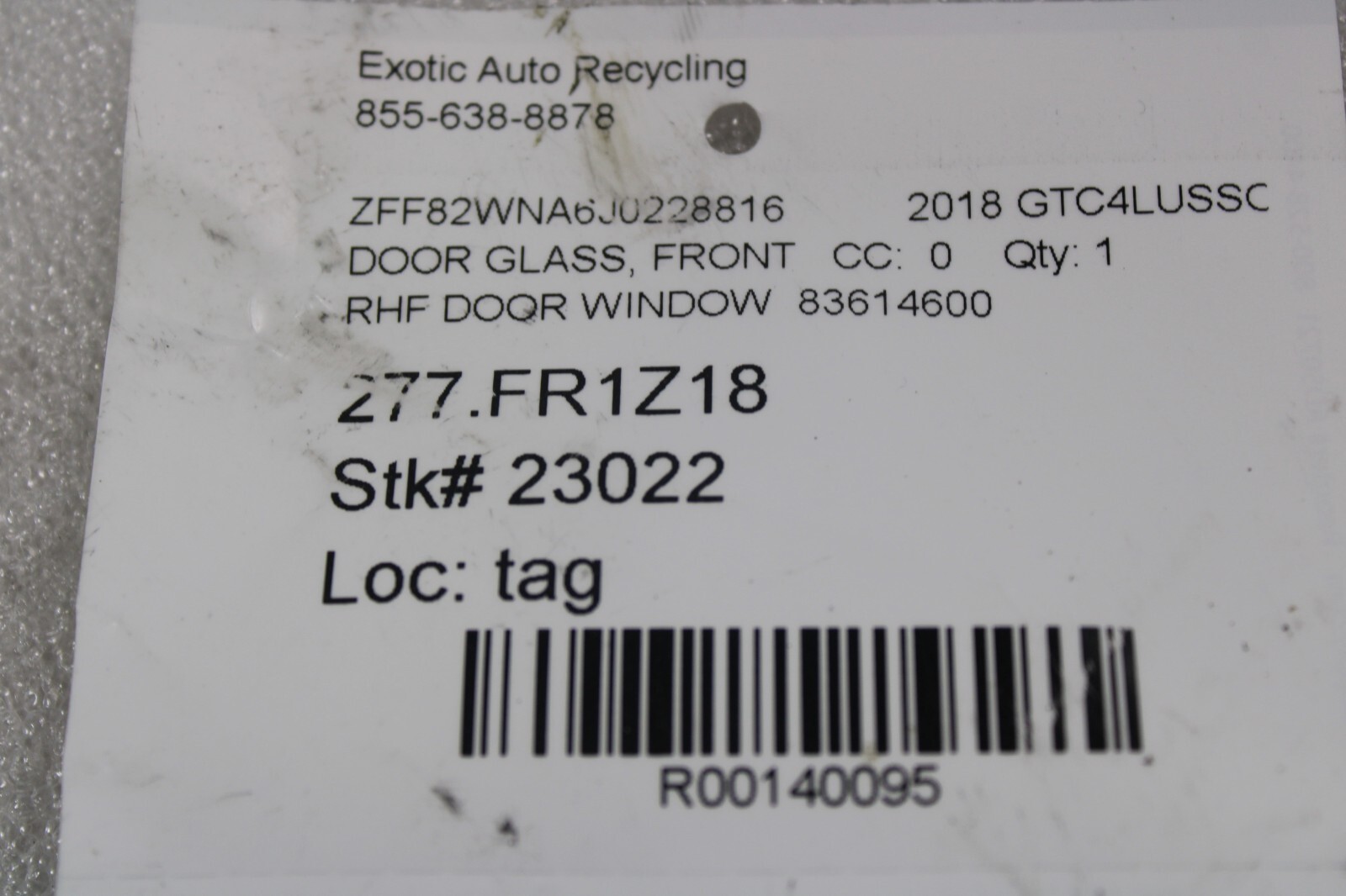 Ferrari GTC4 Lusso, FF, RH, Front Door Glass, Scratched, Used, P/N 83614600