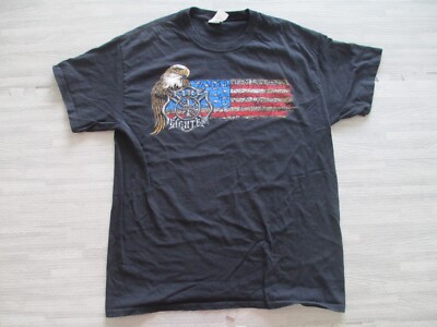 Gildan T-Shirt Herren Large schwarz American Fire Fighter Adler Sterne Streifen Flagge