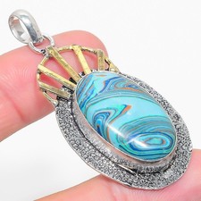 Natural Calsilica Gemstone Two Tone 925 Sterling Silver Pendant 2.29" Gift Z604