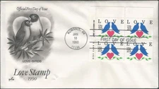Scott 2440 FDC with block of 4 stamps - 25 cent - 1990 - LOVE - FDOI
