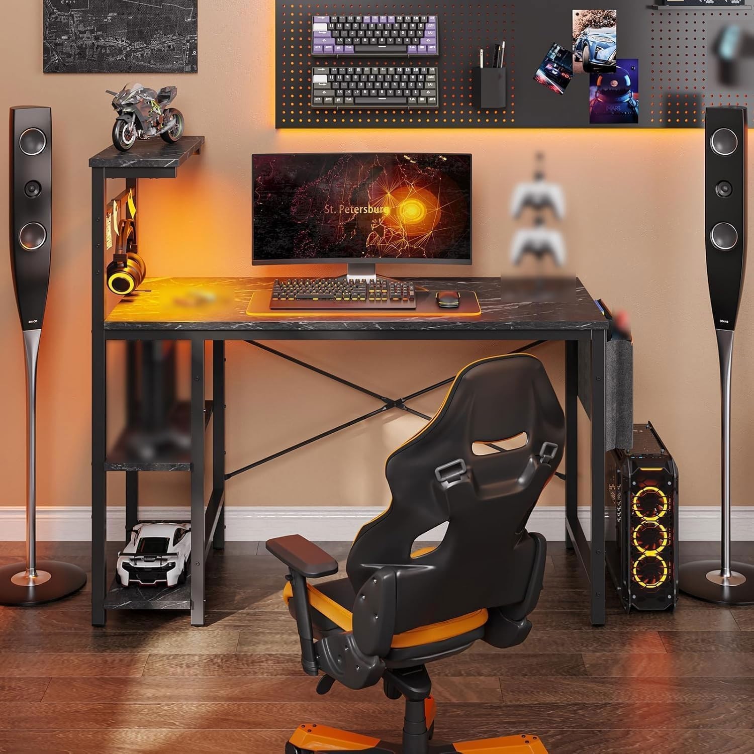 Gaming Desk with Storage Shelves, Headphone Hook and Side Pocket Solid Frame