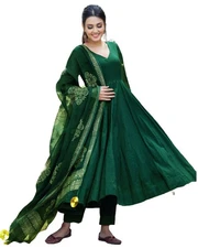 GoSriKi Women's Cotton Blend Solid Anarkali Kurta with Pant & Dupatta