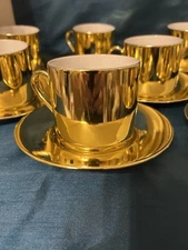 Vintage Gold & White Mirrored Porcelain Demitasse Cups & Saucers Set Of 8