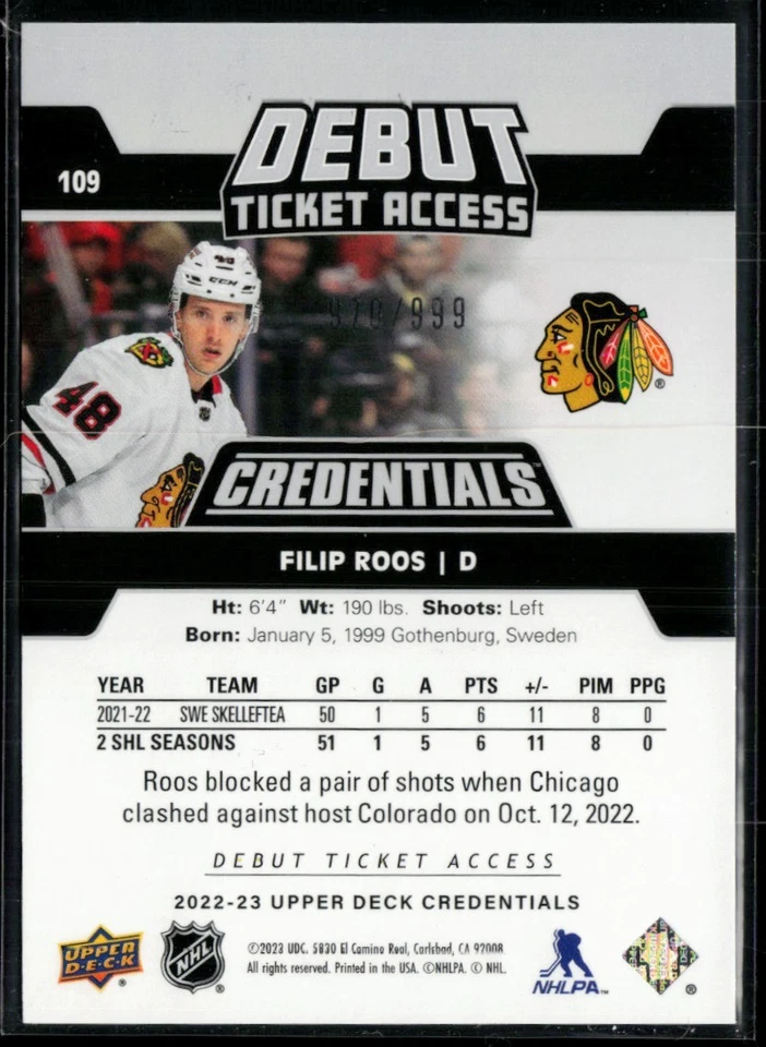 2022-23 Upper Deck Credentials #109 Filip Roos RC 970/999 - Image 2 of 2