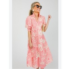 Umgee Womens Midi Dress Tiered Puff Sleeve Floral Paisley 100% Cotton Beach S