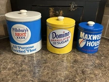 VTG J.L. Clark Metal Tin Canister Set Pillsbury, Domino, Maxwell w/lids- nesting
