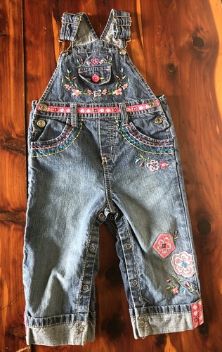 FapDoodles Baby Girl Toddler Jean Overalls Sz 18 Months 18M Embroidered Flowers - Picture 2 of 15