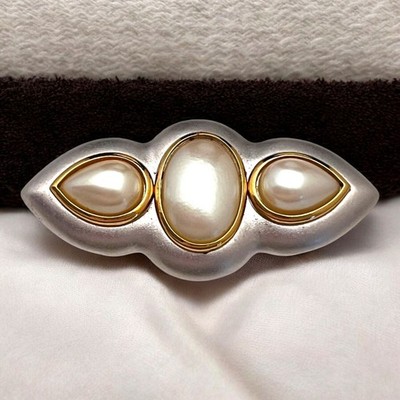 Signed YSL Vintage Brooch Yves Saint Laurent Silver Gold Tone Faux Pearl  11Y