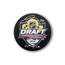 Jake Debrusk Autographed 2015 NHL Draft Hockey Puck Inscribed 14th Pick