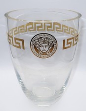 VERSACE ROSENTHAL Crystal MEDUSA Vase, Greek Key, Gold, Clear, 9 3/4"