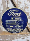VINTAGE FORD PORCELAIN SIGN OLD 1969 TRUE AMERICAN HORSEPOWER TRUCK SERVICE 12"