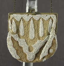 Vintage Hand Beaded Clutch Coin Purse White Bead Tan Body Brass Frame Bag