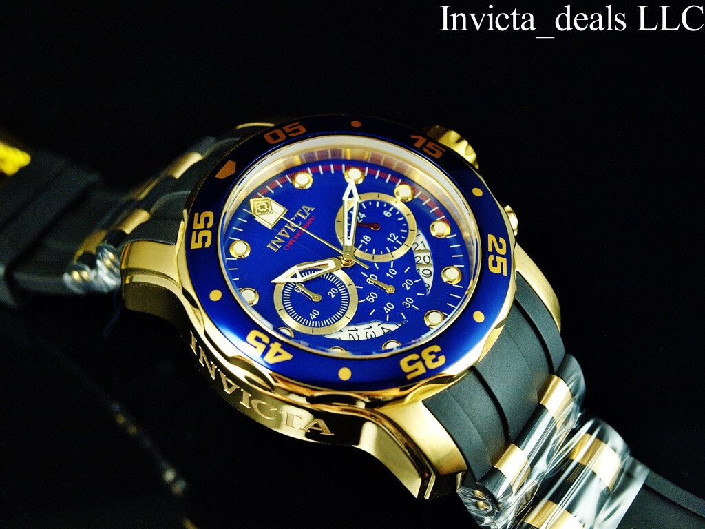 Invicta Mens 48mm PRO DIVER SCUBA Chronograph BLUE Dial 18K Gold
