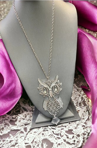 Vintage Bohemian Silver Owl Articulated Spirit Animal Boho Pendant Necklace 24”