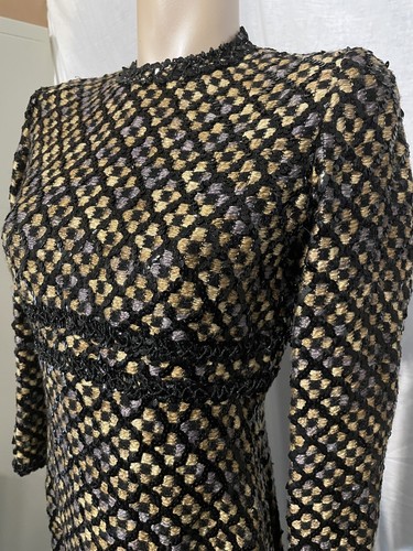 Anne Fogarty Vintage 60s Wiggle Dress Midi Sequined Chenille Black Gold MEdium - Picture 4 of 22