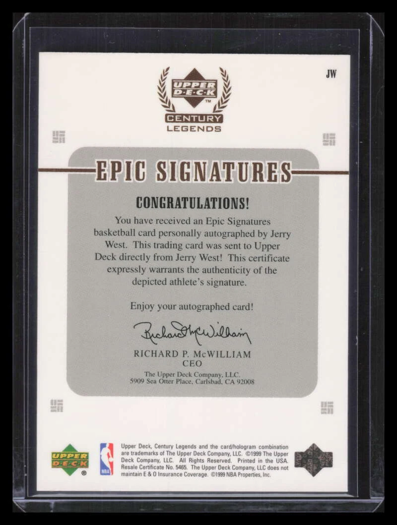1999 Upper Deck Century Legends Epic Signatures JW Jerry West Auto