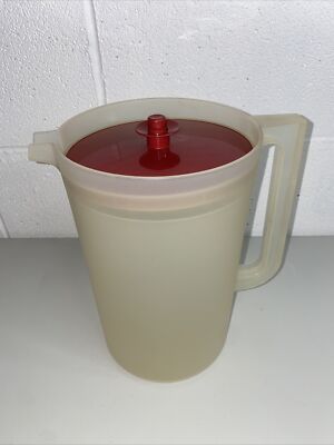 Tupperware Push Button Seal Gallon Pitcher Sheer Red Lid #1416-3 Vtg 4 qt
