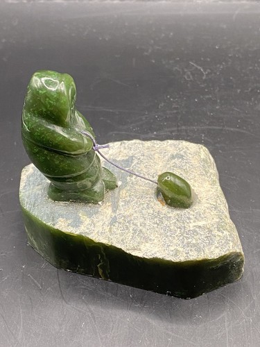 Alaskan Nephrite Jade Inuit Hunter with Fish Heavy Figurine Statue Vintage