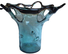 Large Smokey Ice Blue Hand Blown Art Glass Vase Open Holes 12" high 14" wide Top